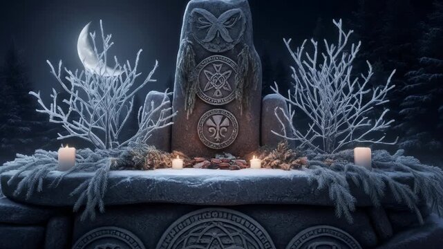 Ancient pagan stone altar with burning candles under crescent moon in a snowy winter forest for spiritual ritual.