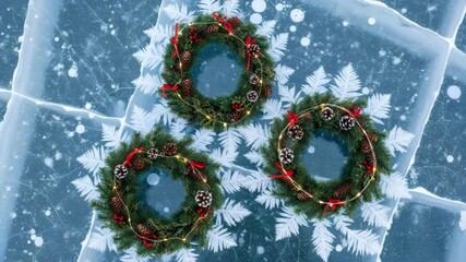 Decorated wreaths with pine cone and lighting on cracked ice. Winter nature and celebration for Christmas or Yule. - Powered by Adobe