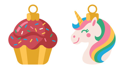 Whimsical Ornaments: A delightful illustration showcases festive ornaments, including a cupcake-shaped and a unicorn-shaped decoration.