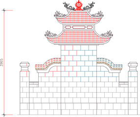 Vector sketch illustration silhouette design image of tomb building with Vietnamese characteristics with classic vintage ethnic traditional details