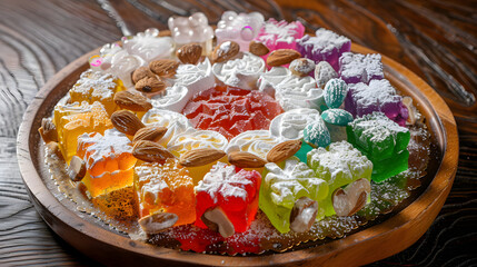 A vibrant combination consisting of Turkish delight, with colorful candies in the middle, surrounded by white chunks, dotted with almonds, placed on a wooden plate, illuminated by natural light with s