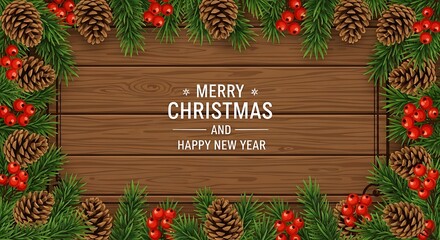 Festive Holiday Greetings Merry Christmas and Happy New Year on Rustic Wooden Backdrop