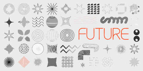 Abstract geometric shapes and futuristic typography collage on a light background