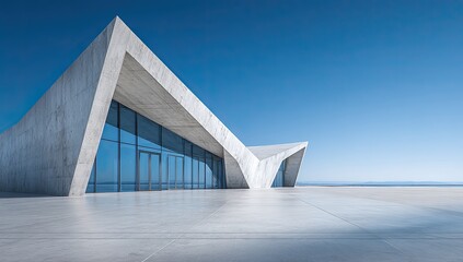 Modern concrete structure with angular design and large glass windows against a clear blue sky