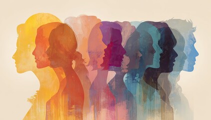 Abstract artwork showing a layered collection of diverse human silhouettes in various colors