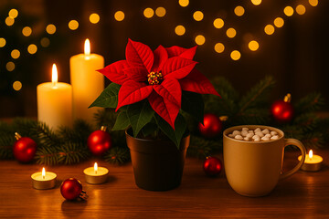Cozy Christmas scene with a red poinsettia, warm candlelight, festive ornaments and a mug of hot chocolate with marshmallows. Soft bokeh lights create a warm holiday atmosphere.