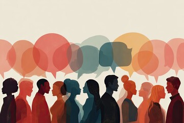 Diverse figures silhouetted against pastel speech bubbles, symbolizing communication & dialogue