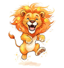Joyful cartoon lion cub with a big smile, leaping with excitement
