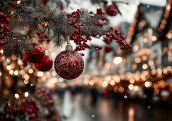 Christmas ornament with red bauble and pine branch, festive street lights and warm holiday atmosphere