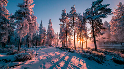 Winter sunrise in snowy pine forest, golden sunlight through trees, peaceful and beautiful nature scene