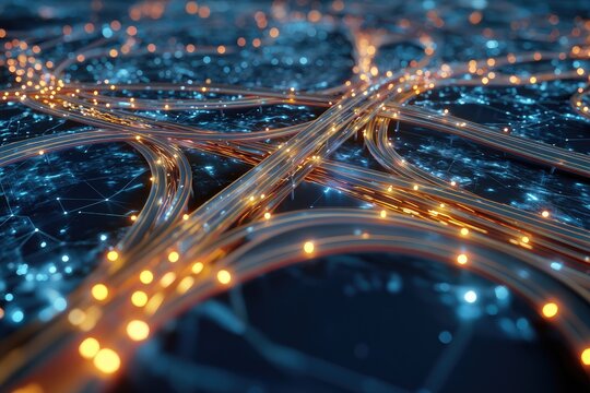 Elevated roadways and glowing city lights symbolize interconnected networks and technological advancement