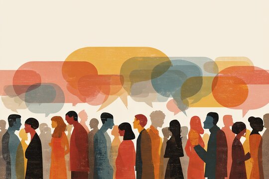 Illustration of diverse silhouettes standing together with speech bubbles overhead
