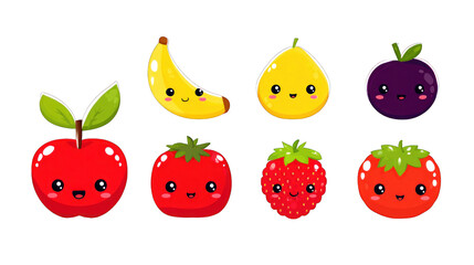 Fototapeta premium A colorful illustration of cute, smiling fruits including a banana, pear, plum, apple, tomato, strawberry, and cheerful cherries.