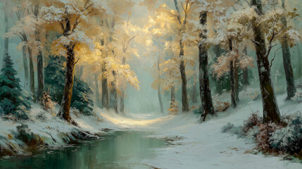 Magical autumn forest with golden trees and morning mist over snowy ground in dreamy soft light