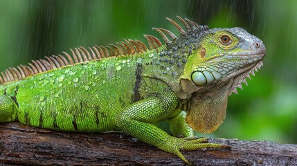 Fototapeta premium Green Iguana on Branch in Rain