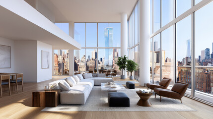 Fototapeta premium Modern living room with large windows showcasing city skyline. Bright and airy space featuring comfortable sofa, stylish chairs, and elegant decor