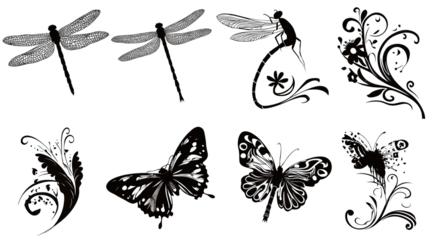 The image features intricate designs of dragonflies and butterflies, complemented by floral elements, showcasing a blend of nature-inspired artistry.