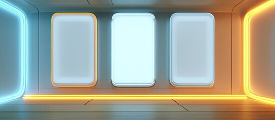 Futuristic interior with three rectangular panels and glowing neon borders, with a sleek design