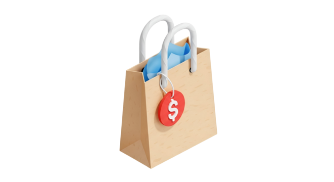 3d icon of shopping bag with a price tag, symbolizing retail and consumerism concept