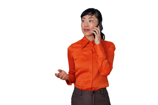Surprised asian businesswoman communicating on phone, reacting with an open mouth and hand gesture while talking, transparent background