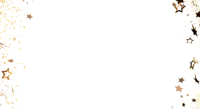 Festive gold star confetti scattered against a white background, ideal for celebrations and adding a touch of sparkle. Perfect for holiday desig