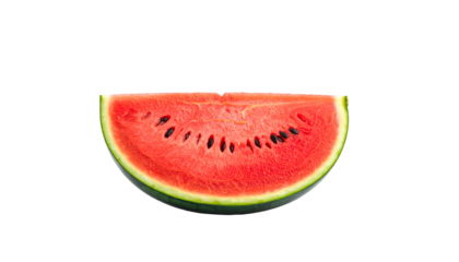 Watermelon slice shows red flesh and black seeds on black background