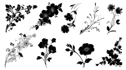 A collection of floral illustrations featuring various flowers and decorative elements in a stylized design.