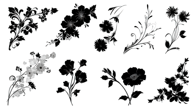 A collection of floral illustrations featuring various flowers and decorative elements in a stylized design.
