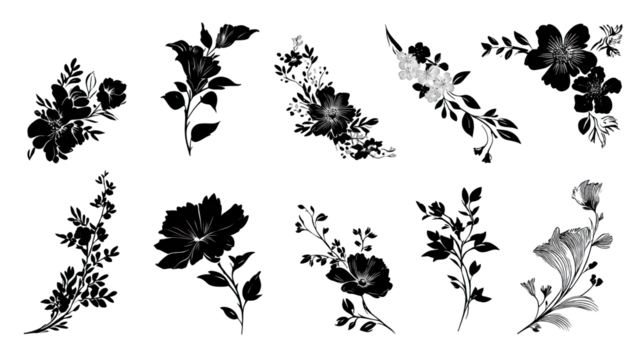 A collection of intricate floral illustrations featuring various blooms and leaves in a detailed, hand-drawn style.