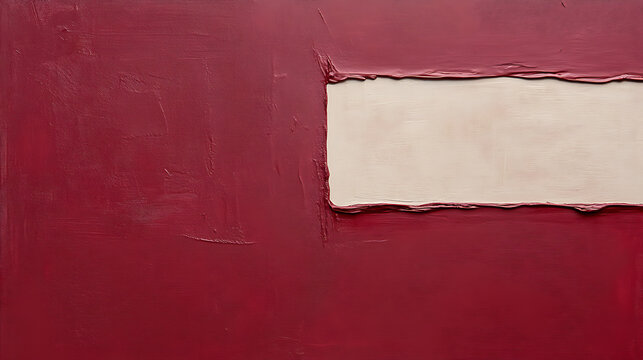 A minimalistic abstract painting featuring a deep maroon background contrasted by a soft, rectangular block of off-white. The textured brushstrokes create a tactile, artful look.