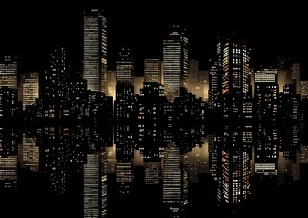 City skyline at night with mirrored reflection