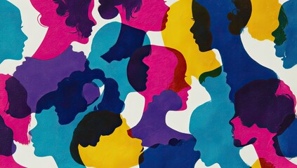 A collection of diverse female profile silhouettes, layered in vibrant hues, creating a vivid graphic