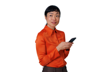 Asian businesswoman communicating using smartphone, engaging in digital technology, with a transparent background