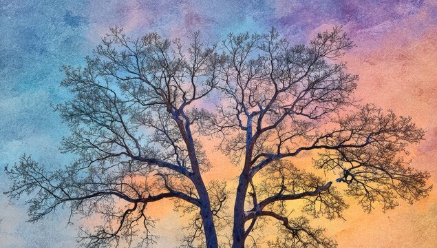 Bare tree against a colorful sunset sky