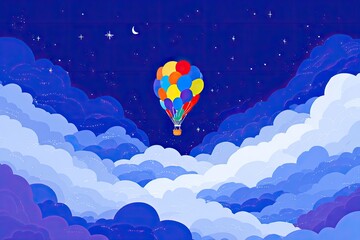 A colorful hot air balloon floats above a vast expanse of dreamy clouds at night