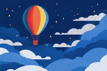 Colorful hot air balloon in a starry night sky filled with clouds