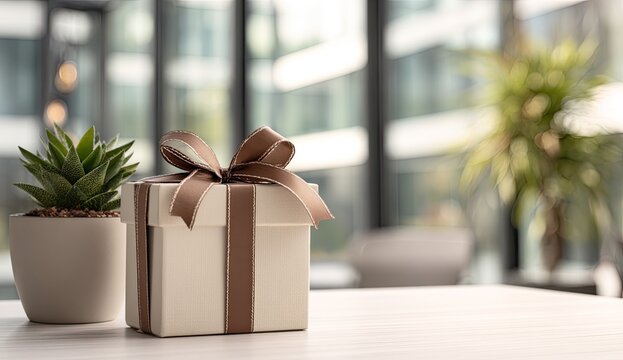 A beautifully wrapped gift box with a brown ribbon sits near a small succulent plant