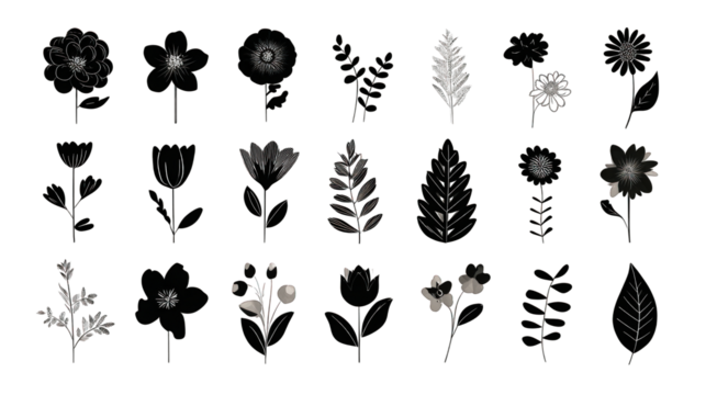 A collection of illustrated flowers and leaves featuring various shapes, sizes, and intricate details.