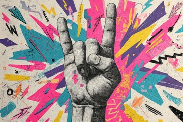 A hand making the "rock on" gesture with colorful abstract shapes emanating from the fingers