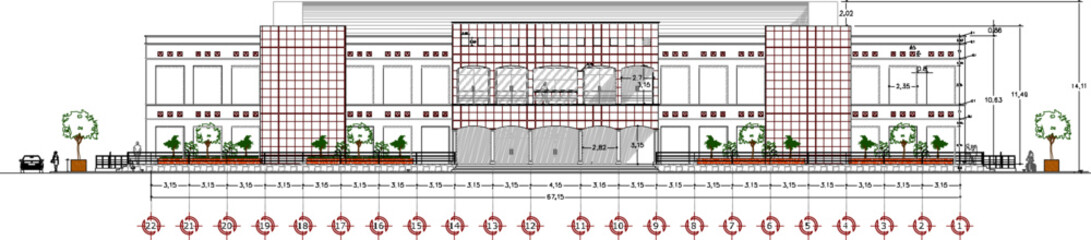 Vector sketch illustration silhouette architectural design of building mall shopping center vintage retro modern