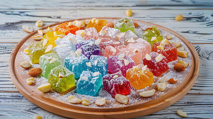 A vibrant combination consisting of Turkish delight, with colorful candies in the middle, surrounded by white chunks, dotted with almonds, placed on a wooden plate, illuminated by natural light with s