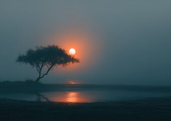 Misty sunrise with solitary tree
