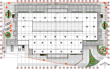 Vector sketch illustration silhouette architectural design site plan building mall shopping center vintage retro modern
