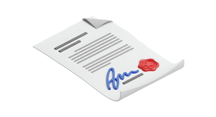 3d icon of a document with a signature and a wax seal, symbolizing agreement and authenticity