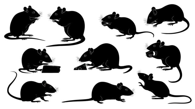 A series of stylized illustrations depicting various poses of a mouse, showcasing its playful and curious nature.