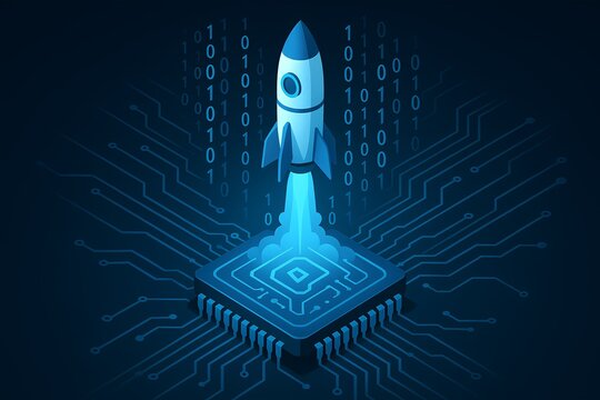 Dynamic rocket launch from digital circuit board signifies tech startup innovation and growth