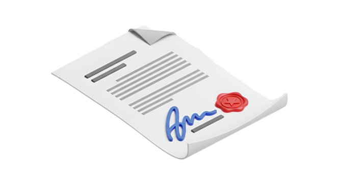 3d icon of a document with a signature and a wax seal, symbolizing agreement and authenticity