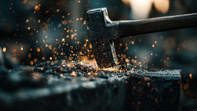 Close-up of a hammer striking hot metal with sparks flying, creating a dynamic industrial scene