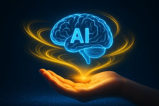 Futuristic AI brain glowing blue in hand with golden energy streams