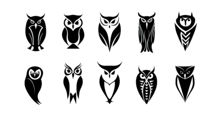 A collection of stylized owl designs showcasing various artistic interpretations and features of these nocturnal birds.